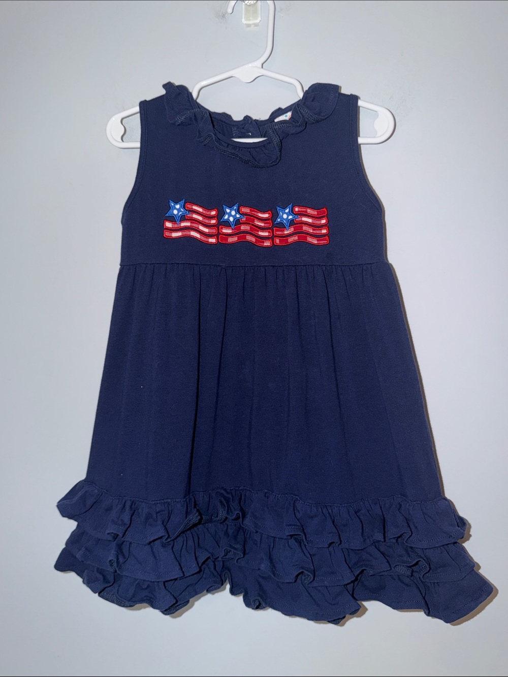 Stitchy Fish Girls Ruffle Tank Dress Size 3T Navy Blue Patriotic Flag Appliqué